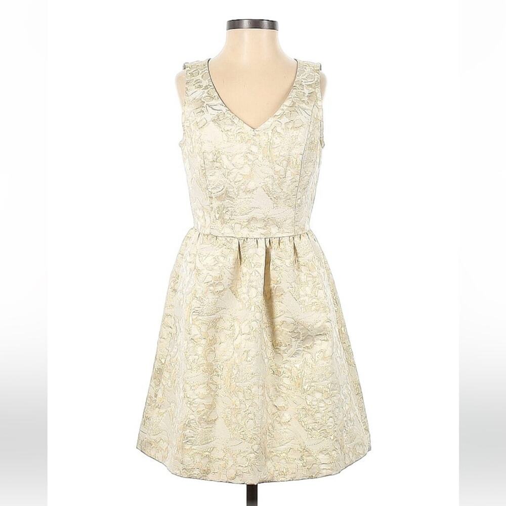 Frenchi cream and gold jacquard fit and flare cocktail party dress, 1